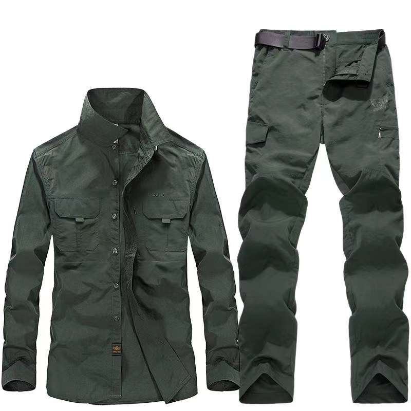 Complete outdoor travel outfit with tactical shirt and pants